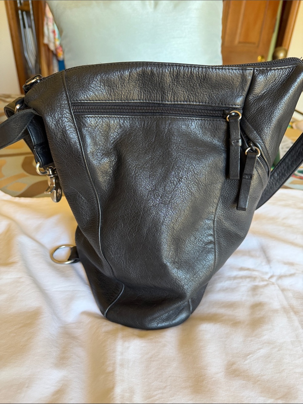 Tignanello Black Leather Crossbody Bucket Bag